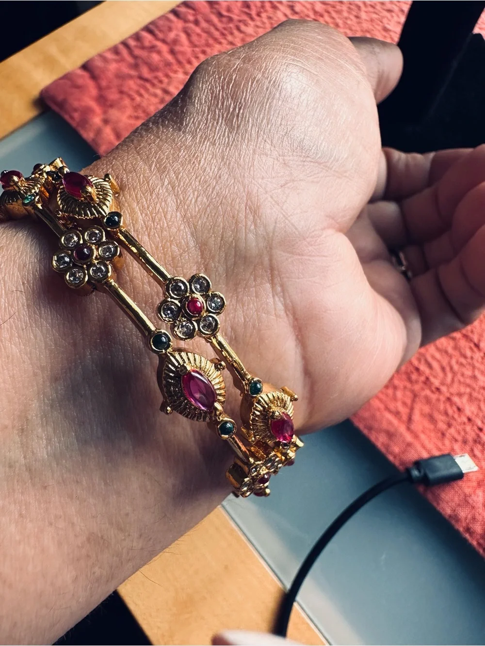 Gold-Tone Pink Floral Bangles for size 2.4/2.6 wrist Anti tarnish